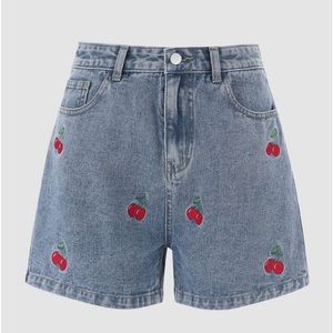Cider High Waisted Cherry Fruit Embroidered Shorts. Coquette Summer Festival